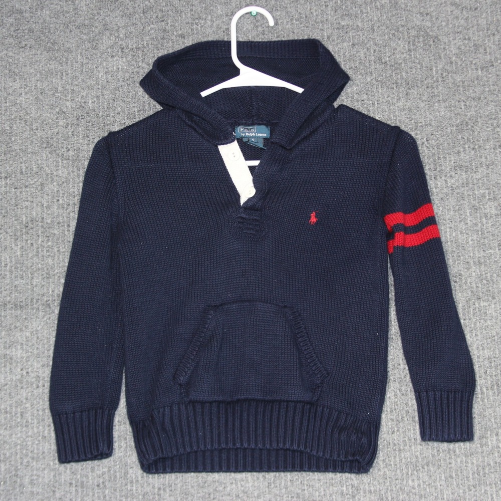 Vintage Polo Ralph Lauren Boys Knit Hoodie Sweater Blue Red Stripes Size 6